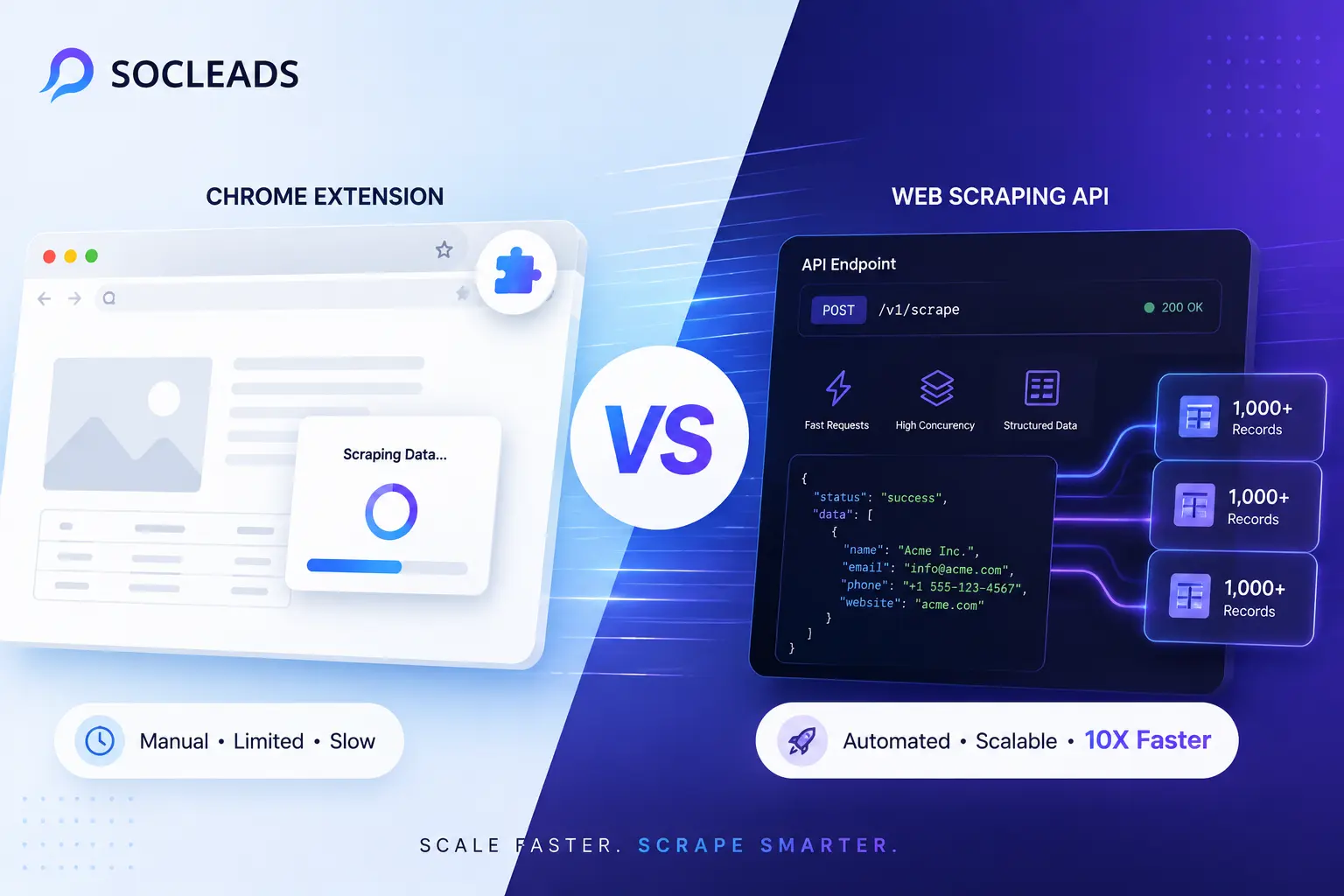 Comparison of web scraping API and Chrome extension interfaces showing automated data extraction speed for scalable lead generation