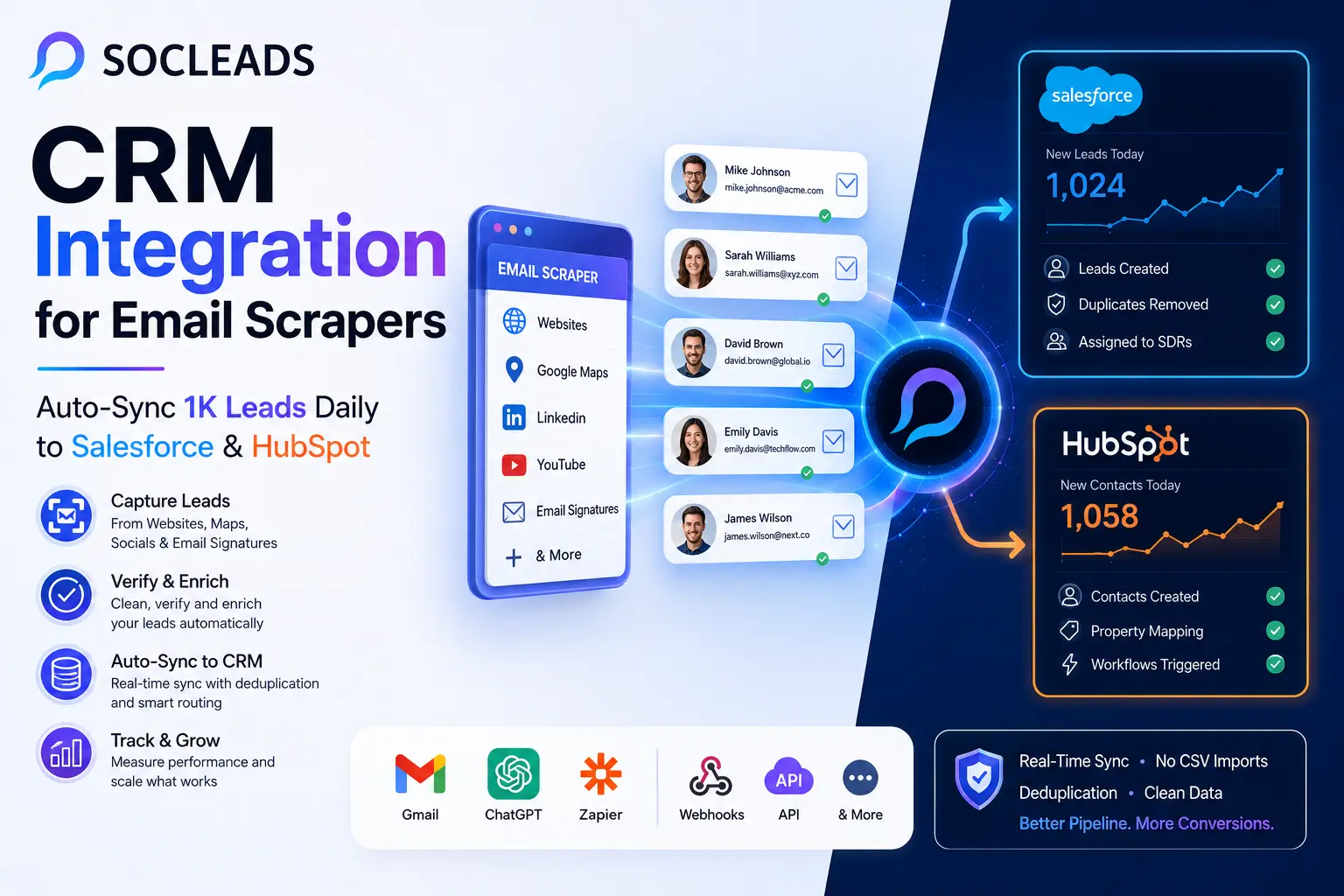 Modern wide-format CRM integration cover featuring the SocLeads logo, floating CRM dashboards, Salesforce and HubSpot-style pipeline visuals, automated lead sync flows, email scraping data streams, and glowing connection lines in a dark blue futuristic workspace. The design illustrates automated lead syncing from email scrapers into CRM platforms at scale.