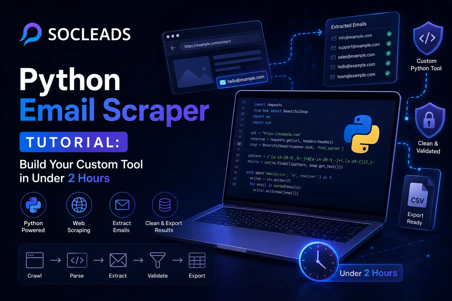 Futuristic Python email scraper tutorial cover showing a laptop with Python code extracting emails using web scraping and validation workflows.