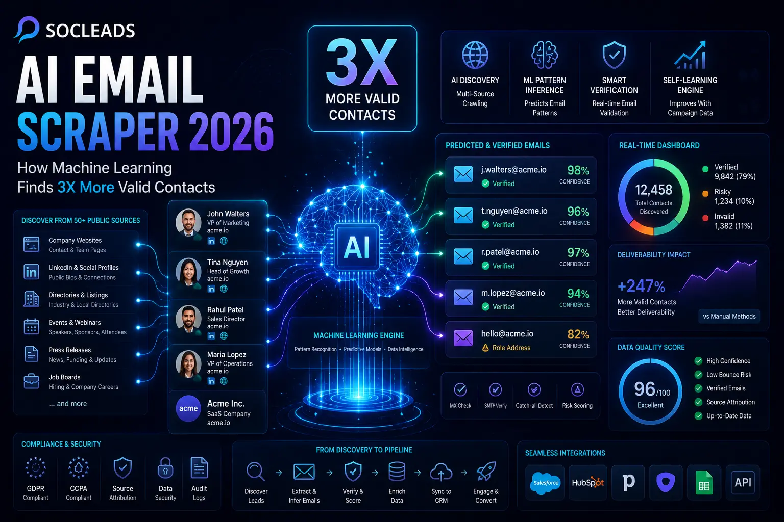 AI Email Scraper 2026 dashboard showing machine learning-powered email discovery, verification, pattern inference, and 3X more valid contacts with AI-driven lead generation analytics.