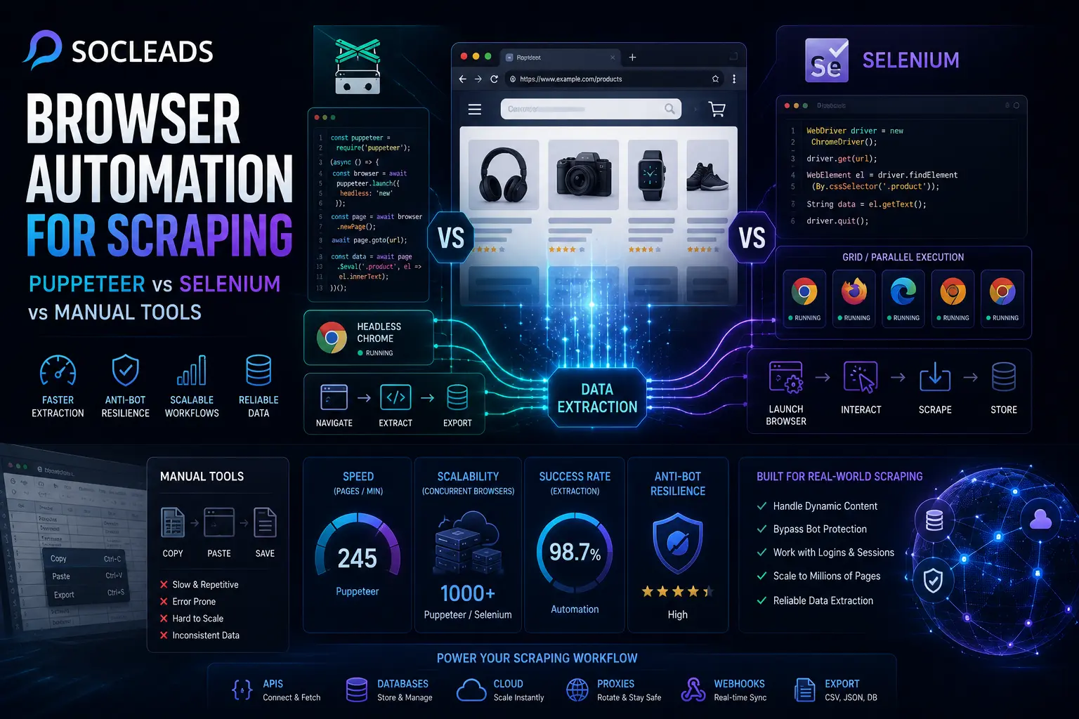 Browser automation comparison cover showing a futuristic web scraping dashboard with three connected automation paths representing Puppeteer, Selenium, and manual scraping tools. Data streams, browser windows, automation workflows, and performance metrics are displayed alongside the SocLeads logo, illustrating modern scraping and browser automation technology.