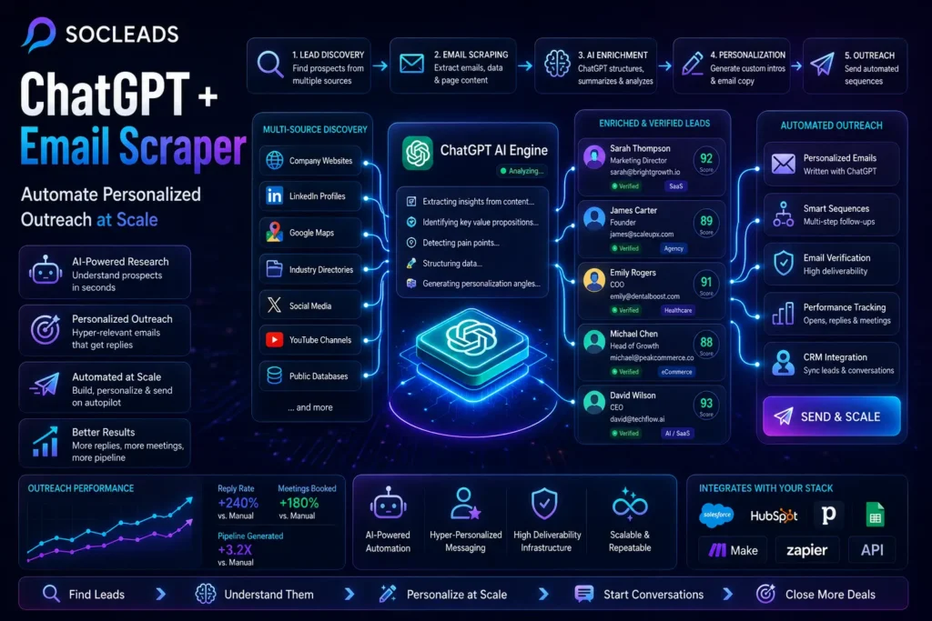ChatGPT + Email Scraper workflow infographic showing AI-powered lead discovery, email scraping, enrichment, personalization, verification, and automated outreach at scale with SocLeads integration.