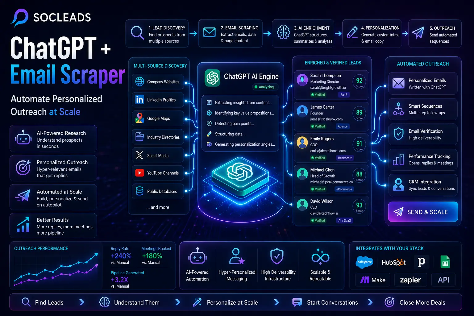 ChatGPT + Email Scraper workflow infographic showing AI-powered lead discovery, email scraping, enrichment, personalization, verification, and automated outreach at scale with SocLeads integration.