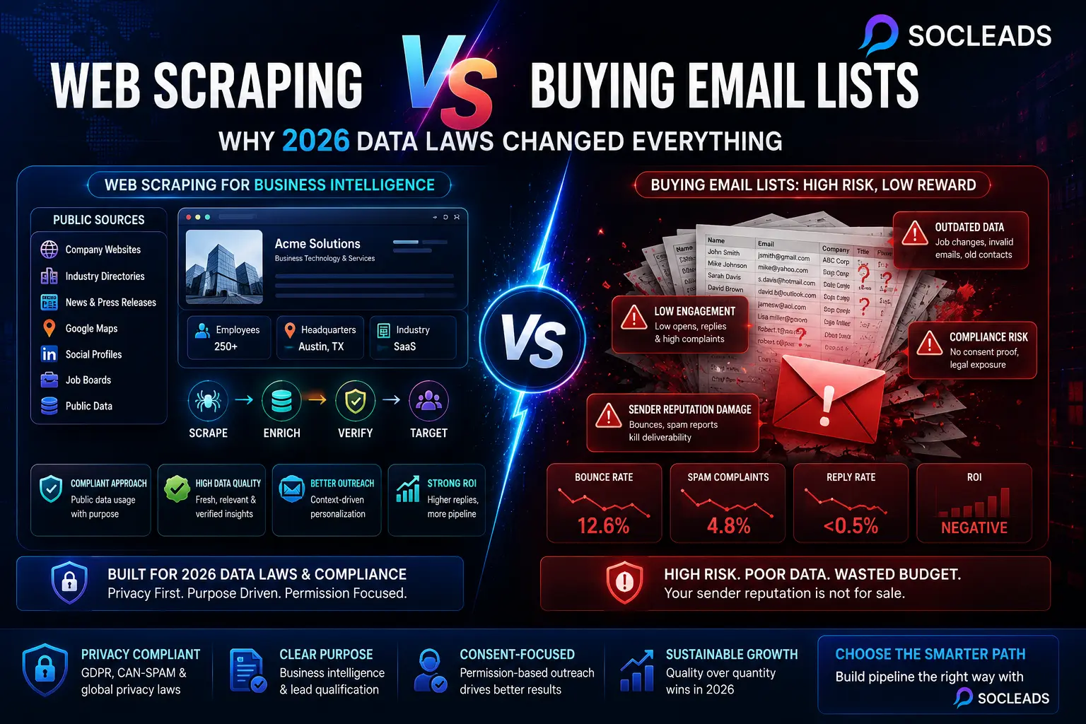 Web Scraping vs Buying Email Lists comparison showing 2026 data compliance laws, lead generation risks, and SocLeads' modern approach to business data enrichment.