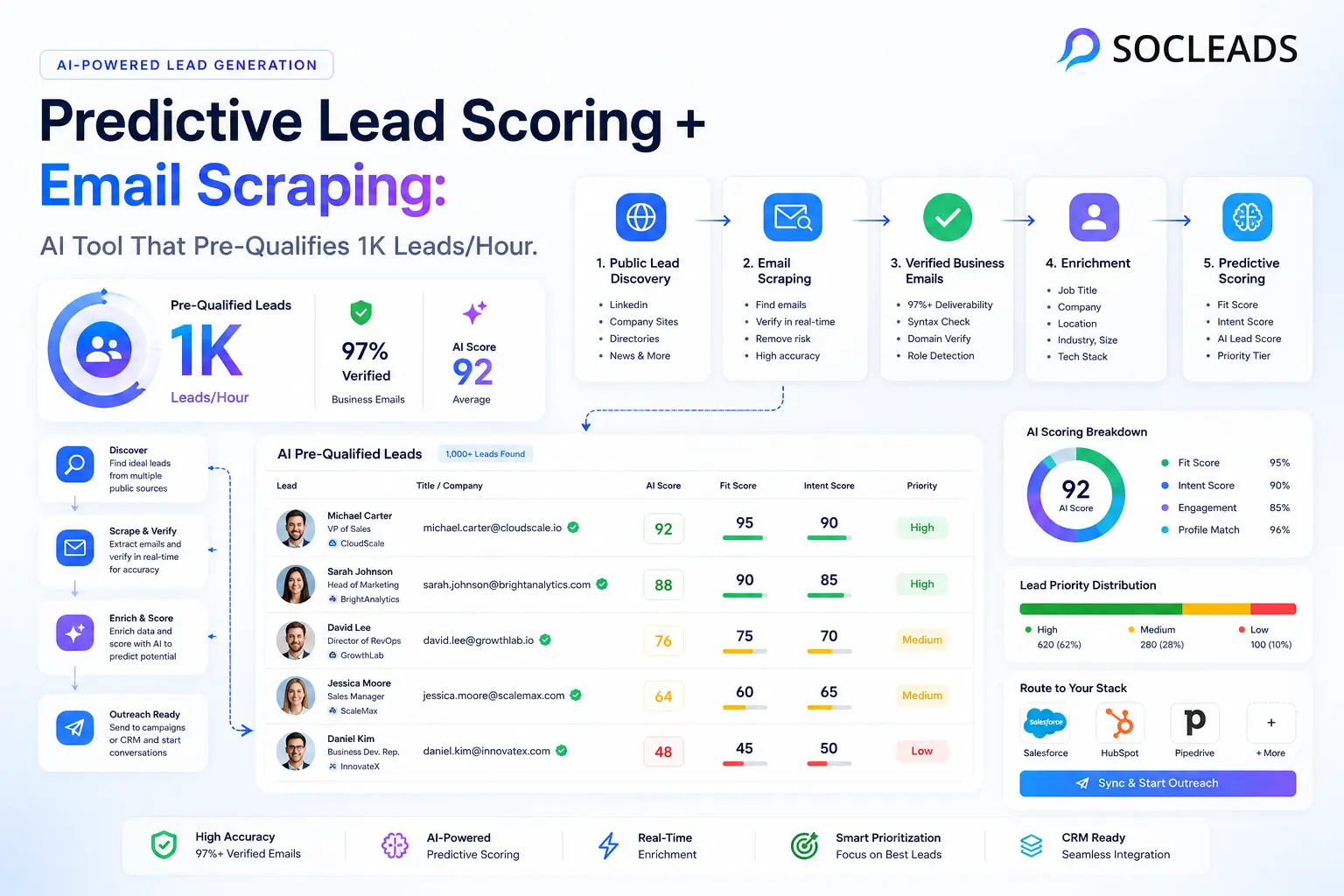 Predictive lead scoring and email scraping cover showing SocLeads, AI-qualified lead profiles, verified business emails, fit and intent scores, lead priority tiers, and an outreach-ready dashboard.