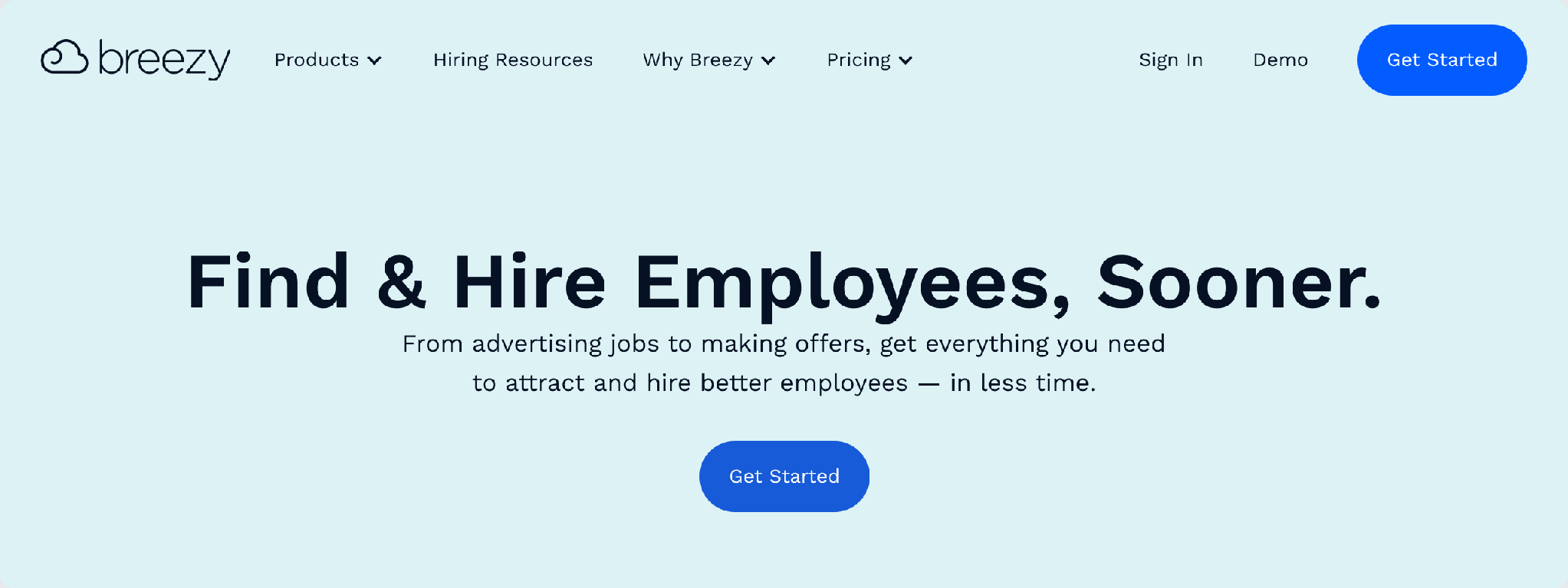 Breezy HR applicant tracking system homepage, from advertising jobs to making offers