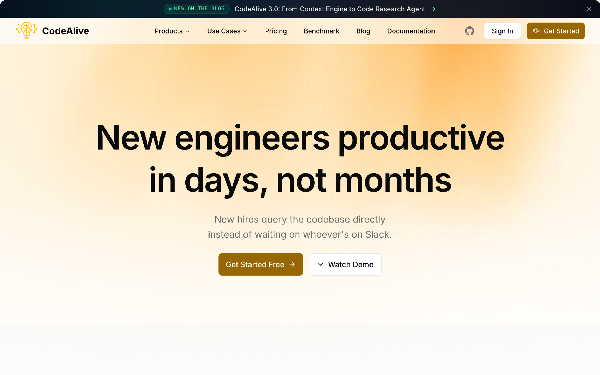 CodeAlive developer onboarding page: new hires query the codebase instead of waiting for senior engineers