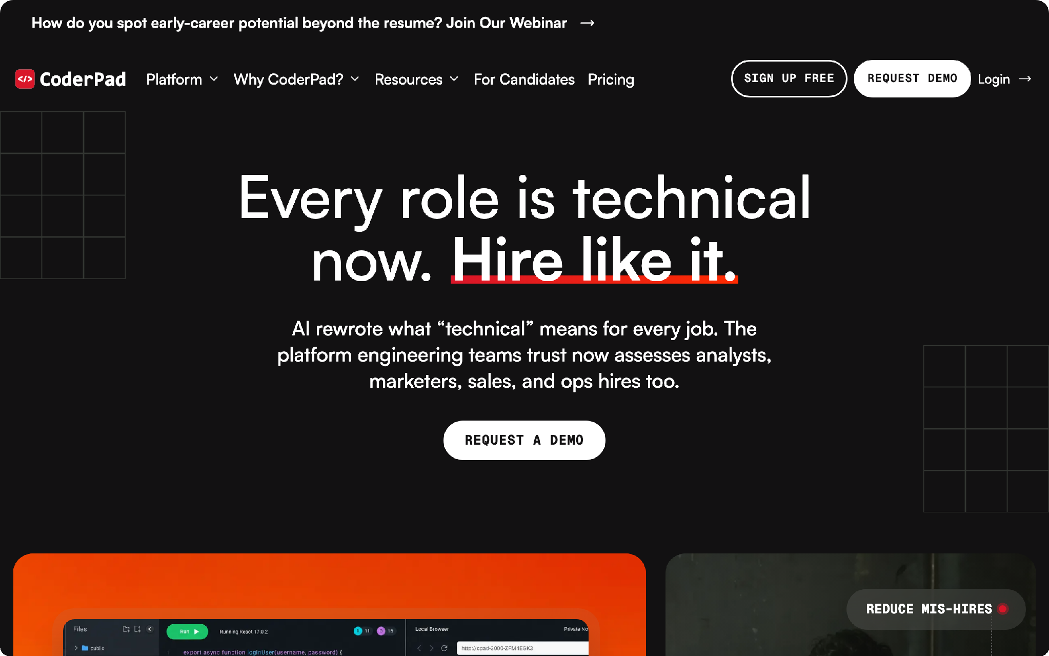 CoderPad technical interview platform homepage with a live coding editor