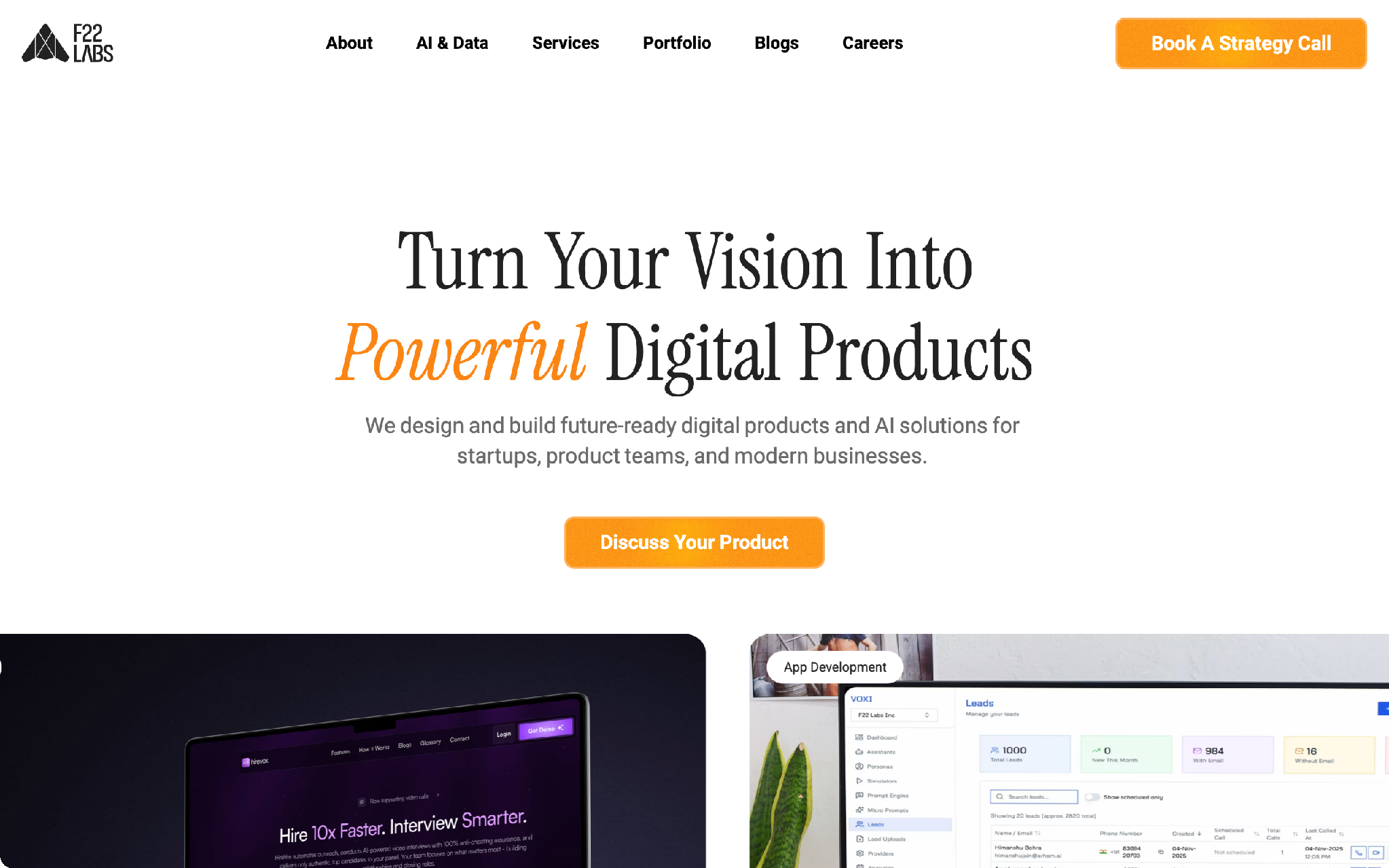 F22 Labs MVP development studio homepage, first screen