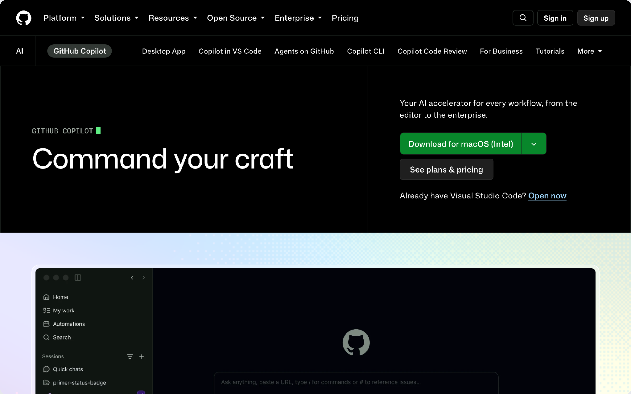 GitHub Copilot product page, AI coding assistant a new developer can ask about a repository