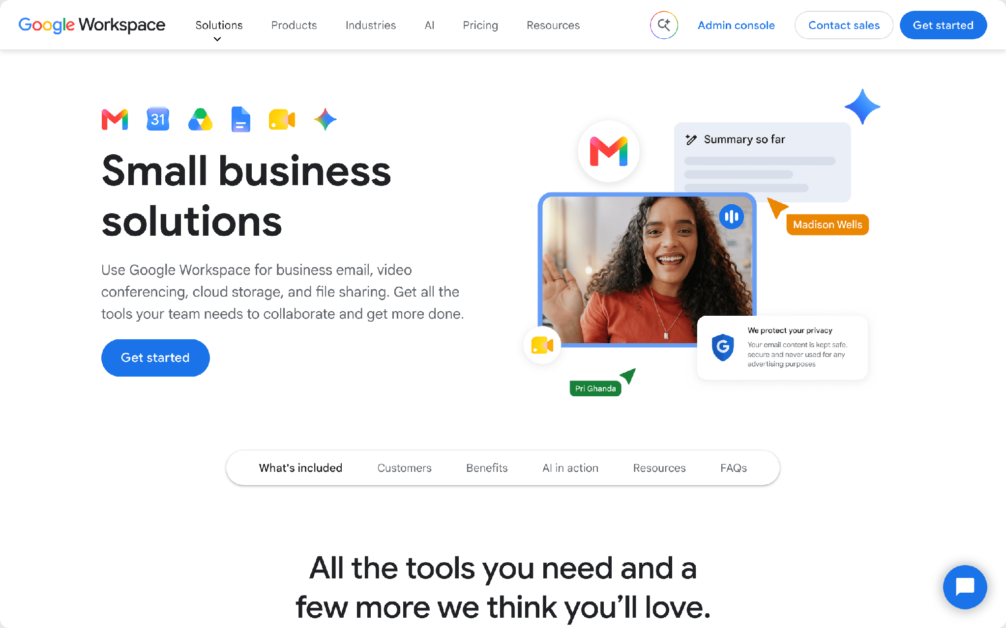 Google Workspace small business page with Gmail, Calendar, Drive and Meet for business email and video calls