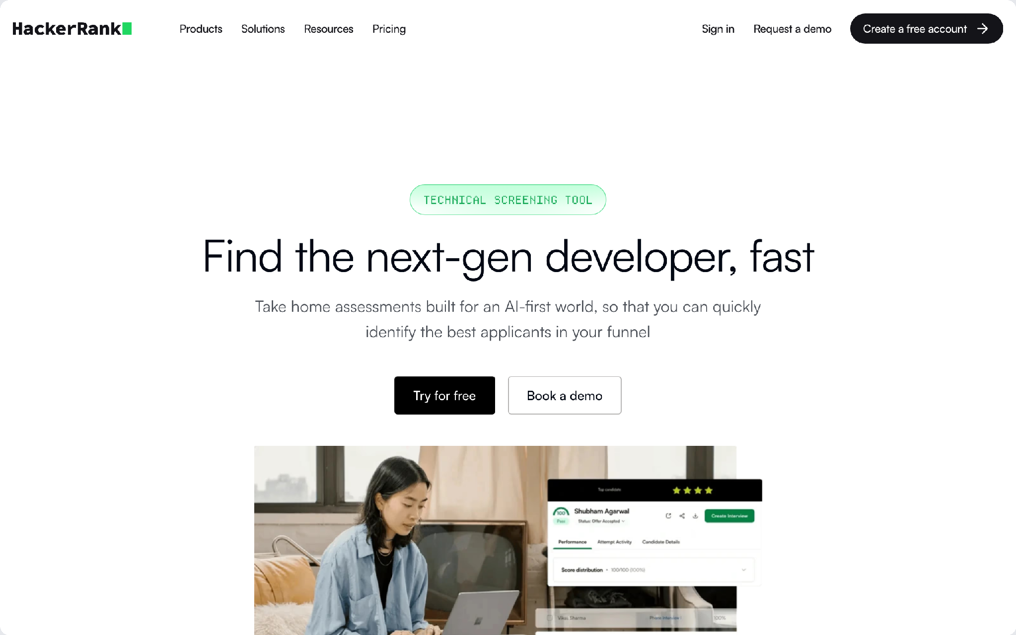HackerRank Screen page for employers, take-home coding assessments for screening developer applicants