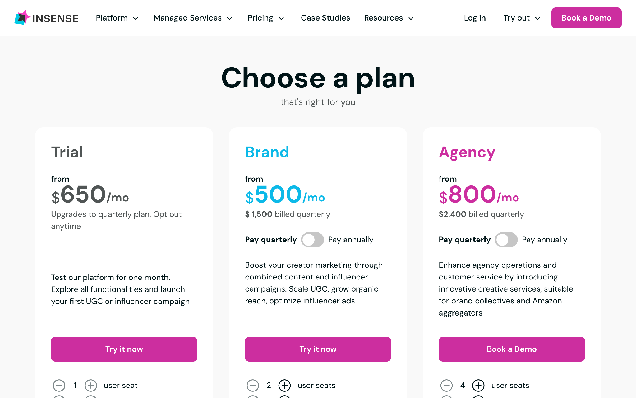 Insense UGC and creator marketplace pricing page