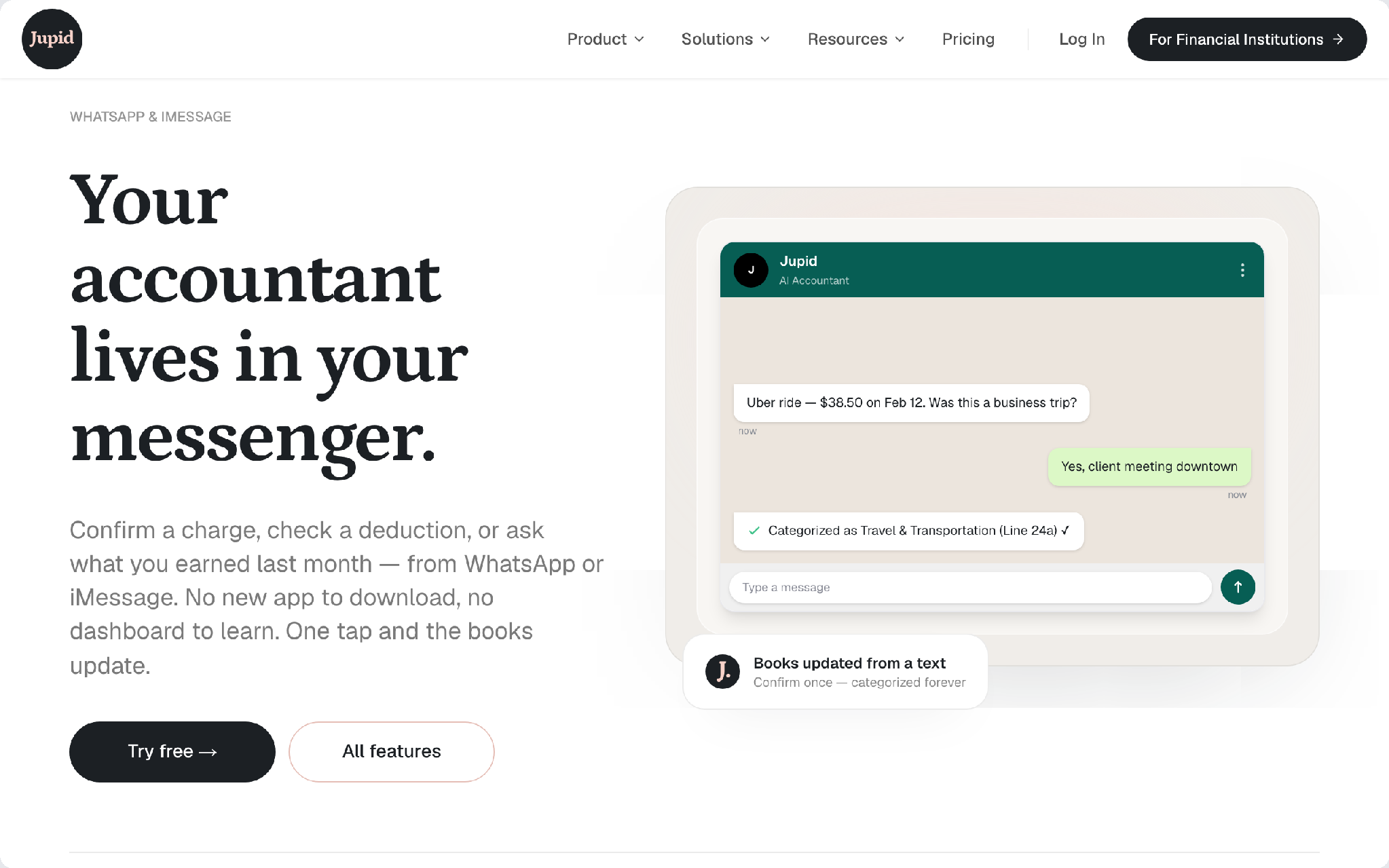 Jupid AI accountant in WhatsApp and iMessage: confirm a business expense in chat and the bookkeeping categorizes it for your taxes