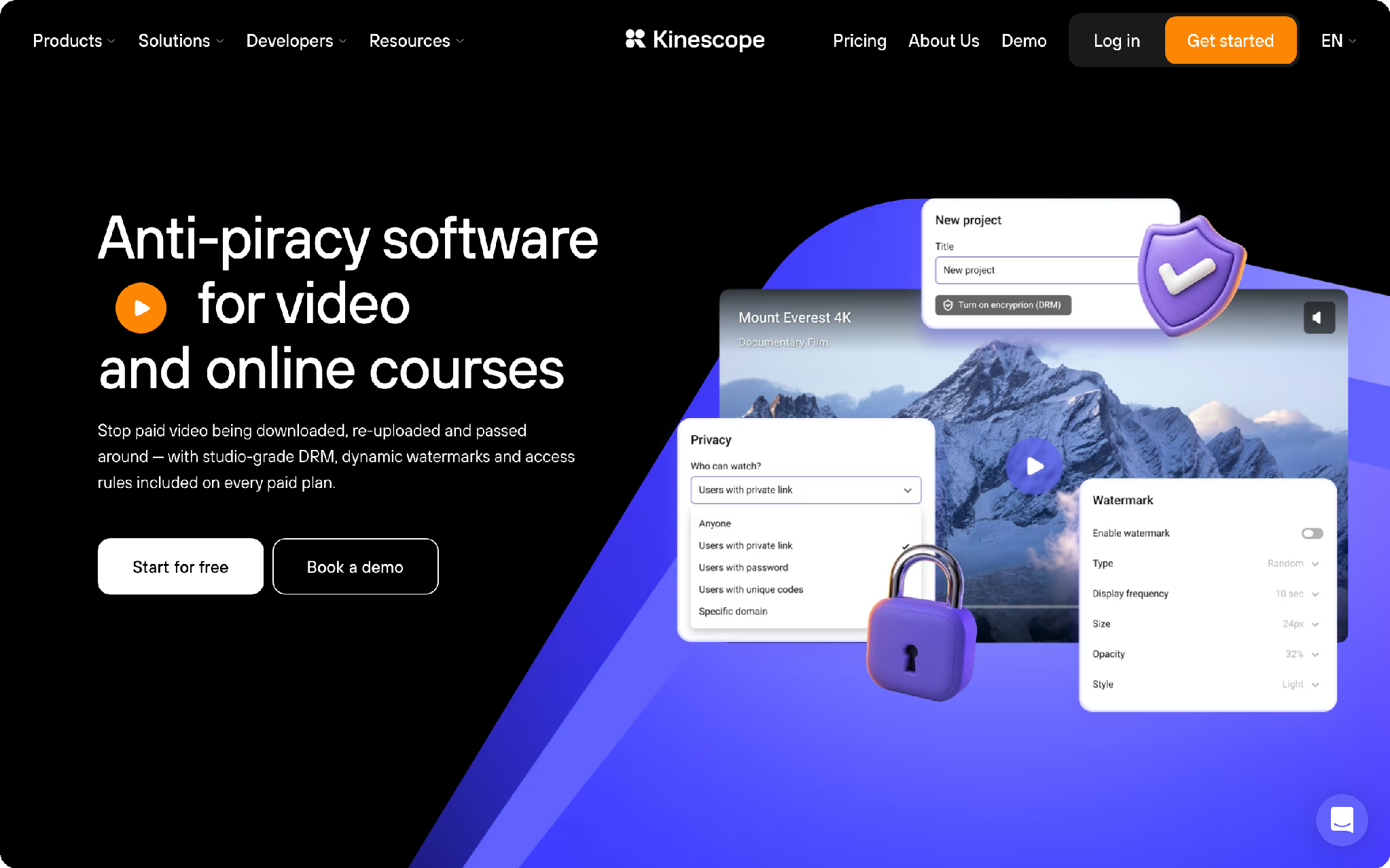 Kinescope protected webinar recording with DRM and watermark
