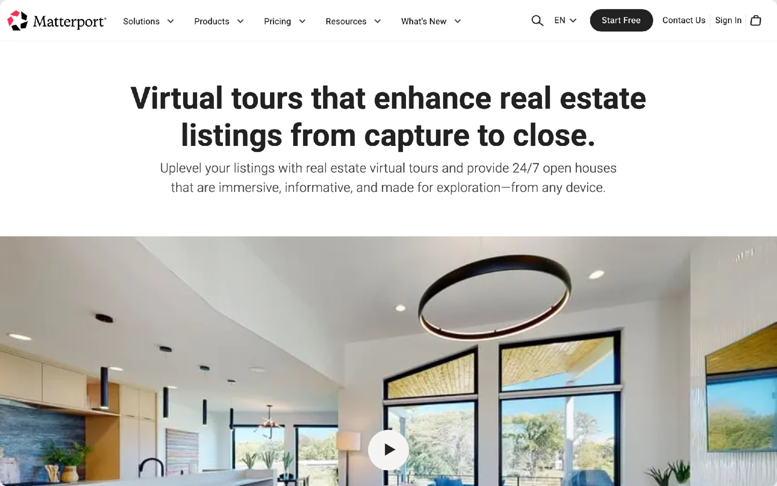 Matterport 3D virtual tours for real estate page, first screen