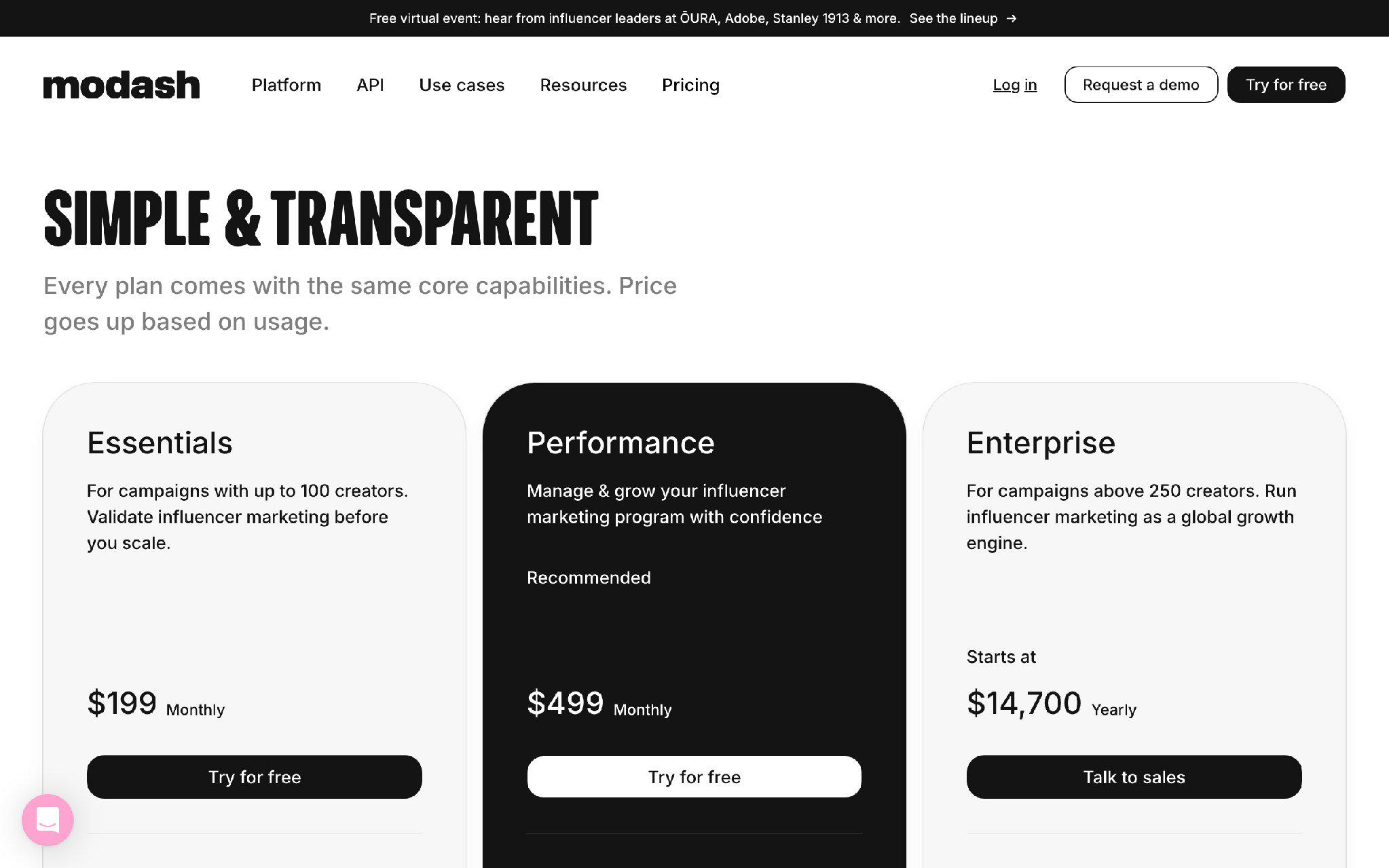 Modash influencer marketing platform pricing page
