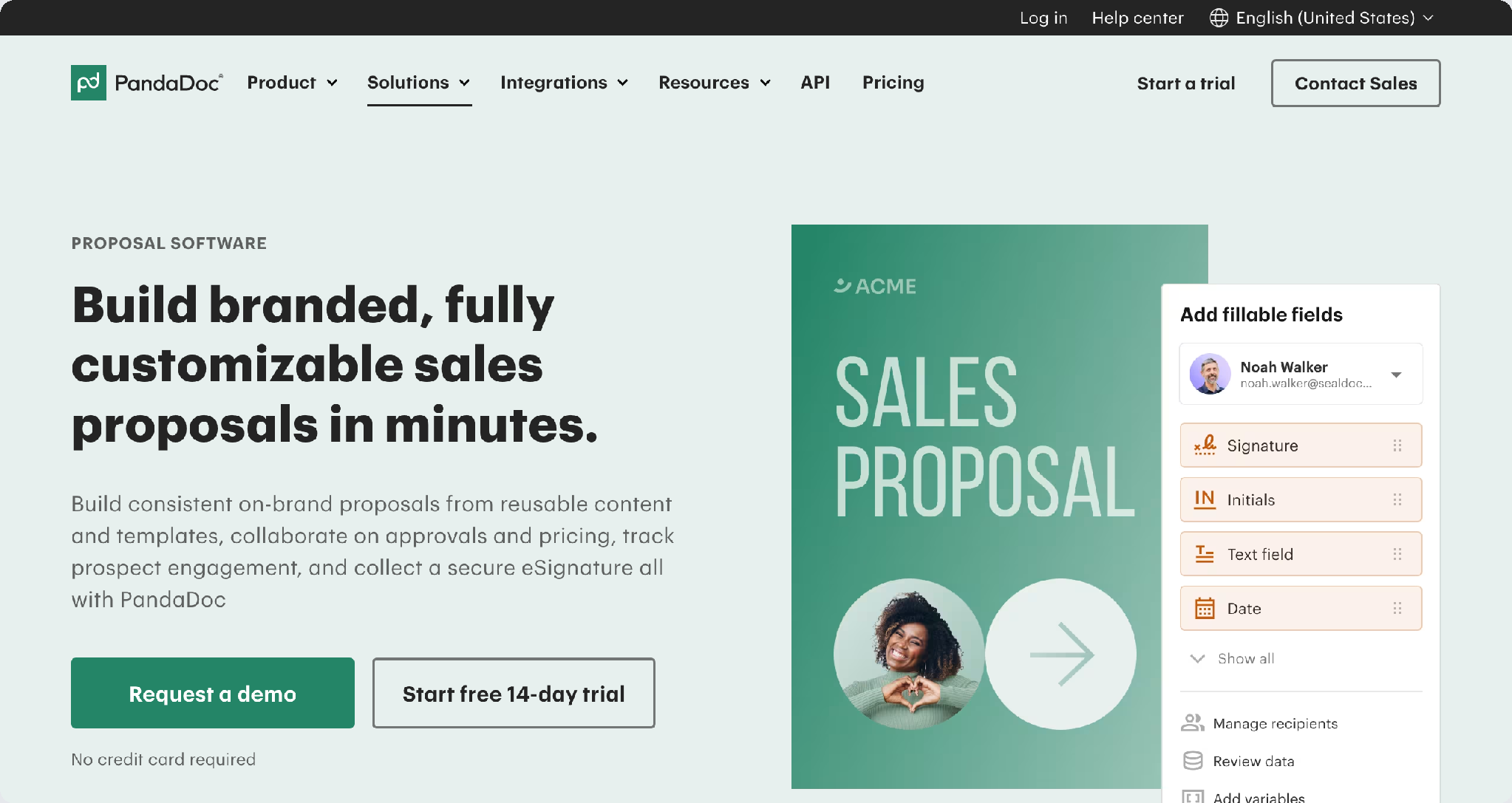 PandaDoc proposal software page with a sales proposal and signature fields