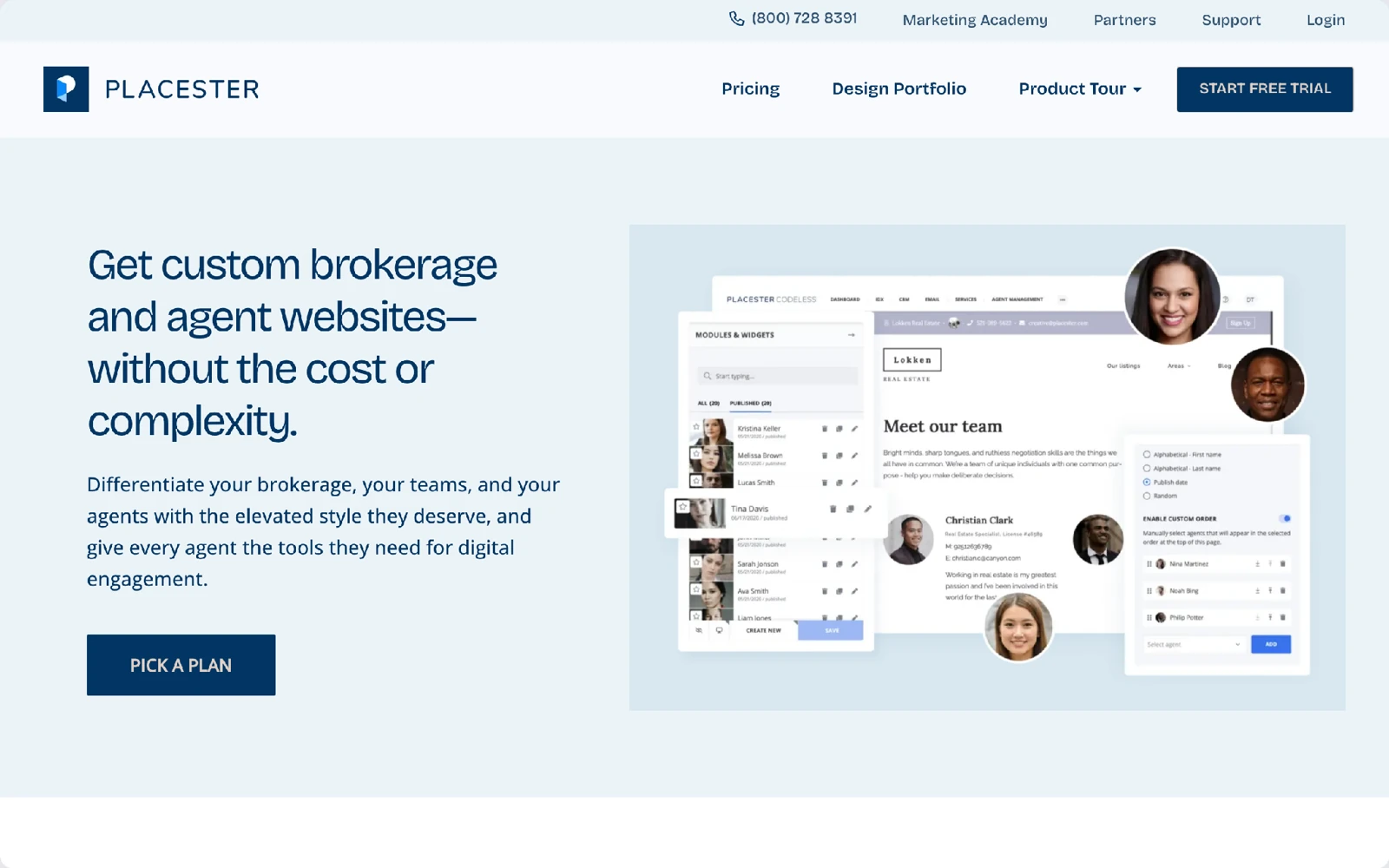 Placester real estate agent and brokerage website builder page, first screen