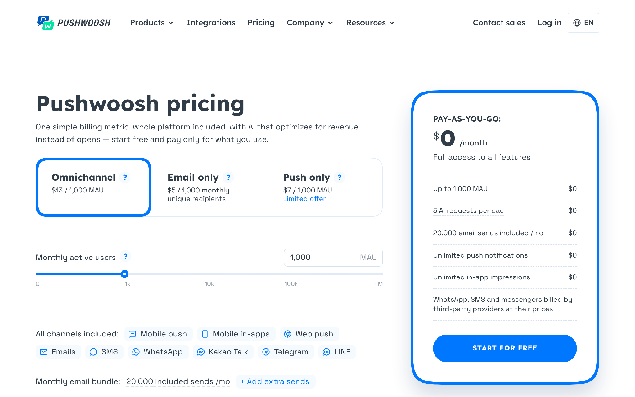 Pushwoosh push and in-app messaging pricing page