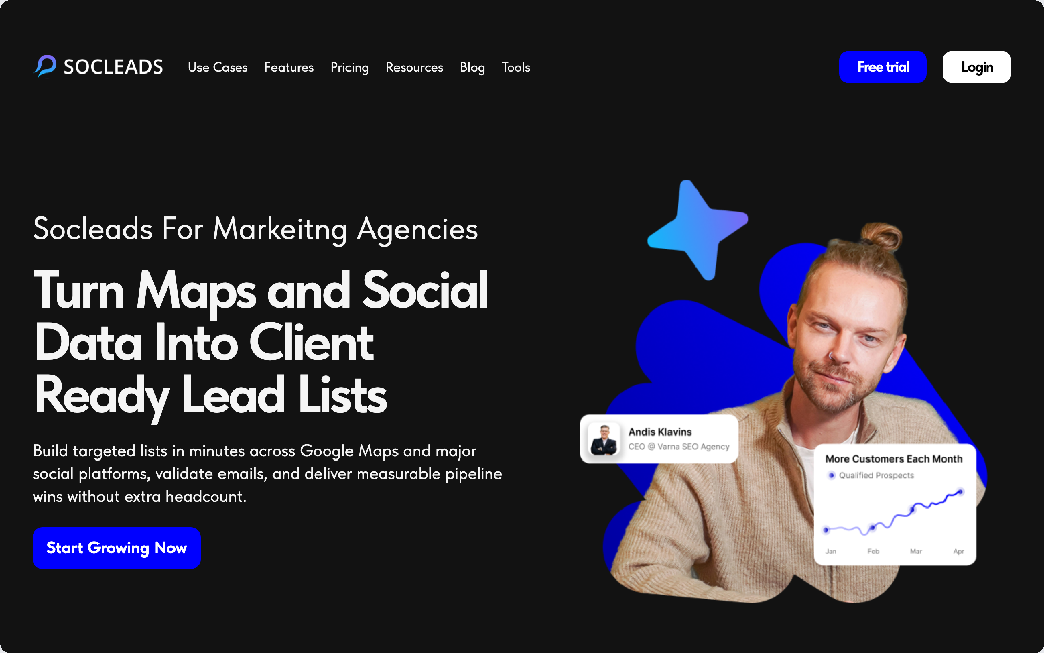 SocLeads page for marketing agencies, lead lists of local businesses from Google Maps