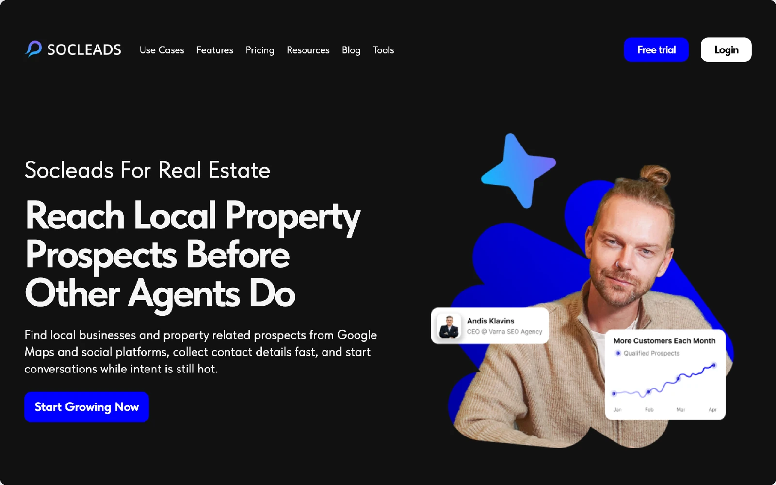 SocLeads for real estate page, first screen about finding local property prospects from Google Maps and social platforms