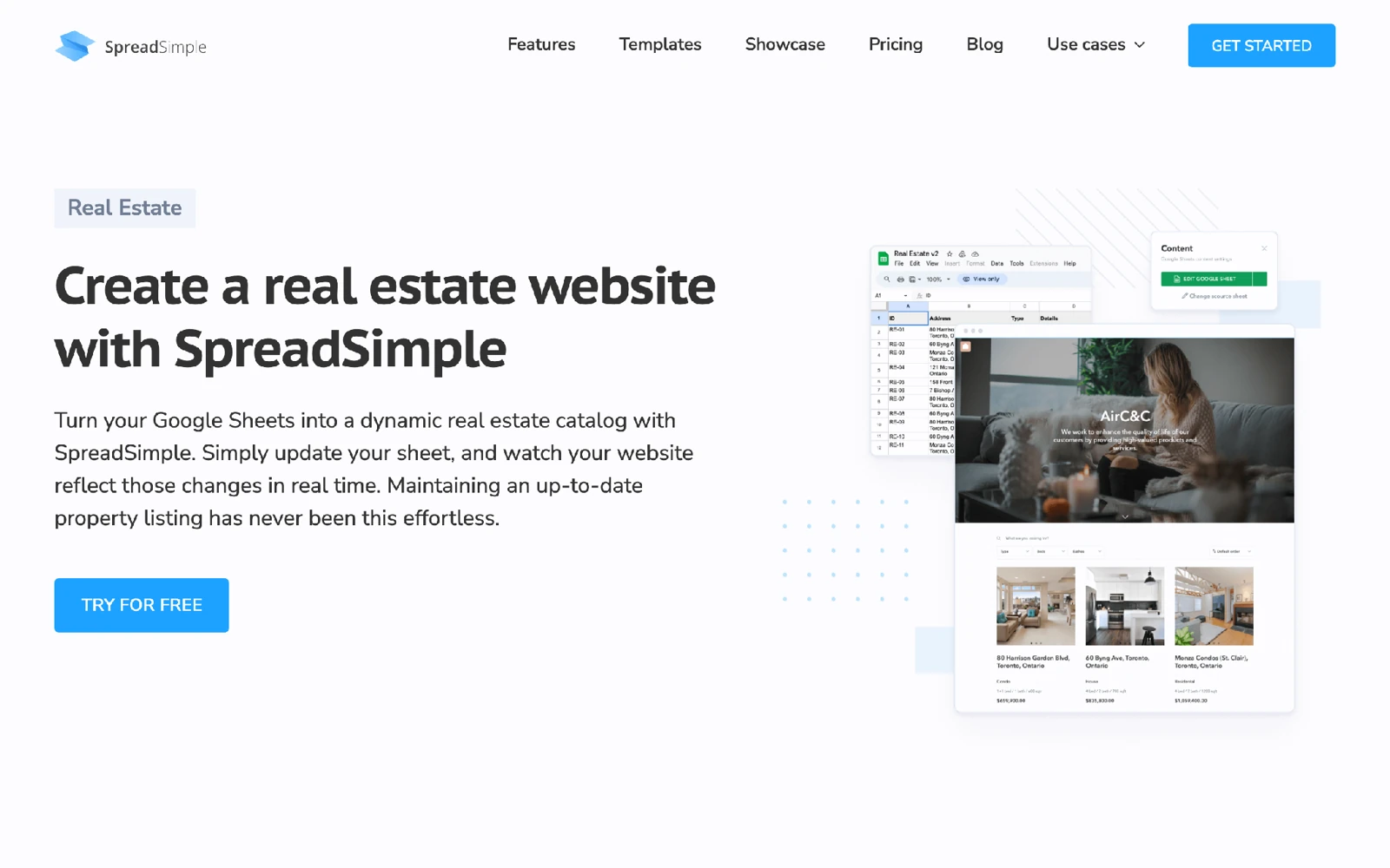 SpreadSimple real estate website builder page, Google Sheet turned into a property listing site