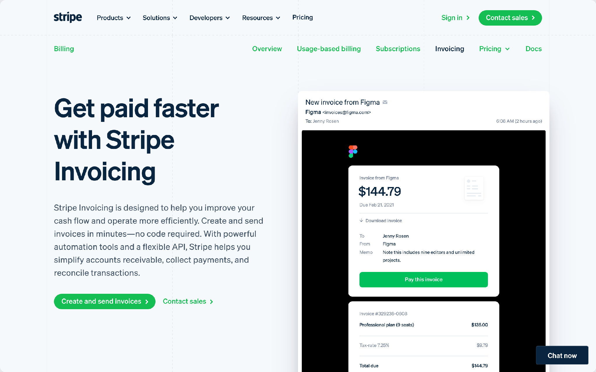 Stripe Invoicing page with an emailed invoice the client pays online