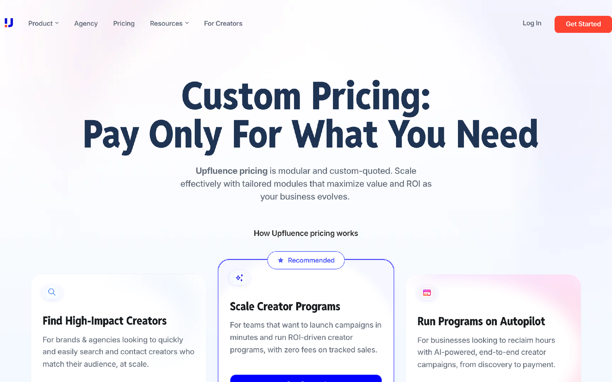 Upfluence creator platform pricing page