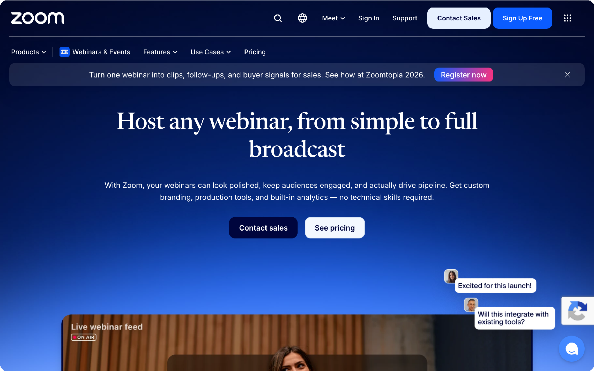 Zoom Webinars product page for B2B webinar lead capture